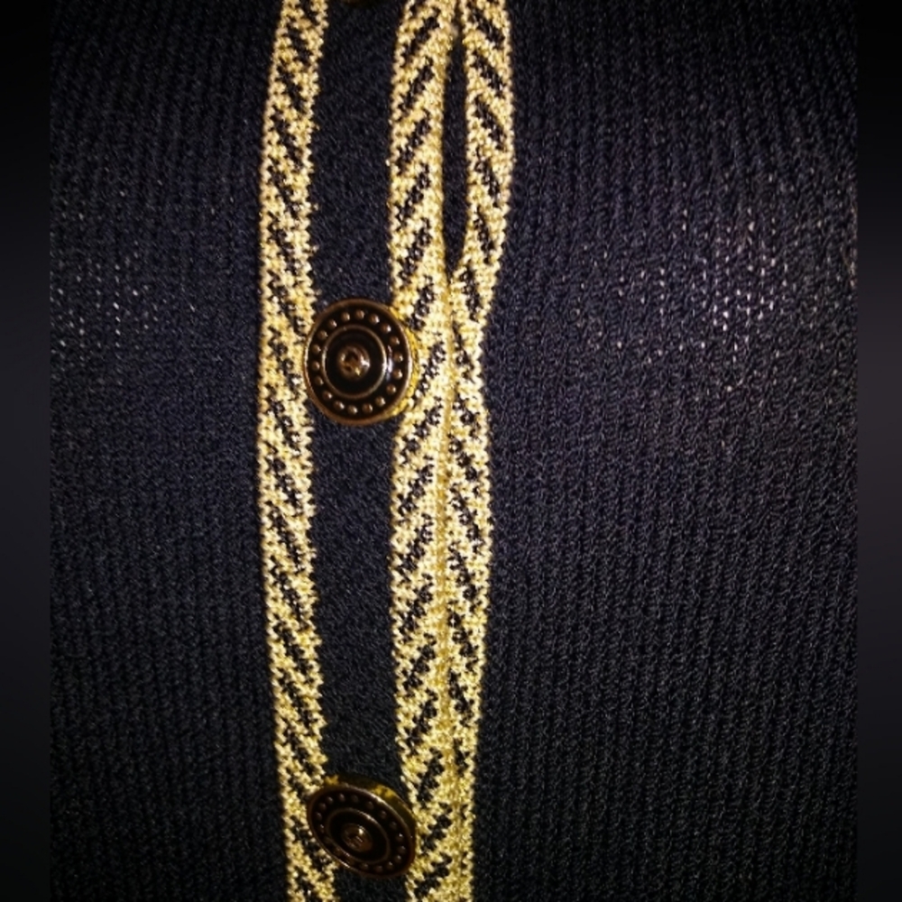 ST JOHN COLLECTIONS SZ 6 SANTANA KNIT BLACK & METALLIC TAN LOGO BUTTONS JACKET - Picture 4 of 13